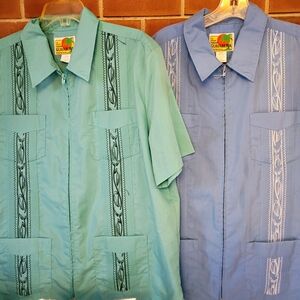 Pair of Embroidered Guayabera Shirts in Mint Green and Periwinkle Blue